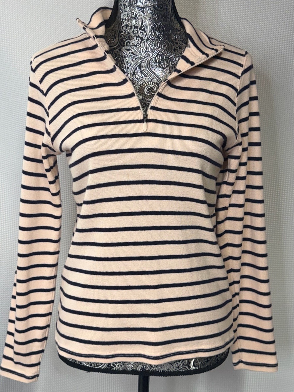 L.L. Bean Light Pink and Navy Striped Half-Zip Long Sleeve Top